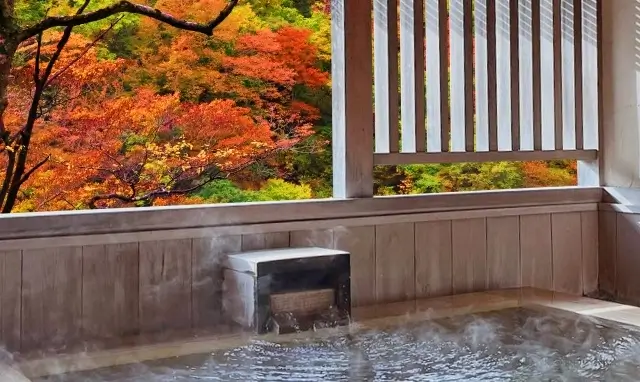 紅葉時の温泉の風景